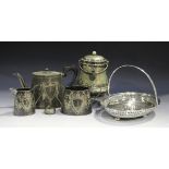 A small group of plated items, including a three-piece tea set, comprising teapot, two-handled sugar