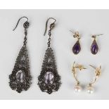 A pair of 18ct gold, diamond and cultured pearl pendant earrings, length 3cm, a pair of gold and