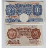 Seven Bank of England banknotes, comprising a one pound note, blue and pink issue, with signature '