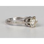 A diamond single stone ring, claw set with a circular cut diamond, weight 3.2g, ring size approx M.