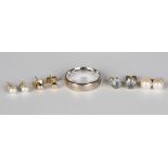 A 9ct white gold plain wedding ring, weight 5.2g, ring size approx Q1/2, two pairs of cultured pearl