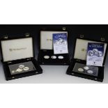 Two Westminster Mint silver proof Guernsey five pounds three-coin sets, both 'A Tribute to the Armed
