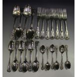 A George IV and later harlequin part canteen of King's pattern cutlery, comprising four tablespoons,