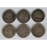 Six crowns, comprising George III 1820, Victoria Jubilee Head 1888, Victoria Old Head 1894, Edward