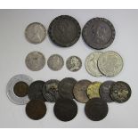 A group of British coinage and tokens, including a George II sixpence 1757, a George III shilling