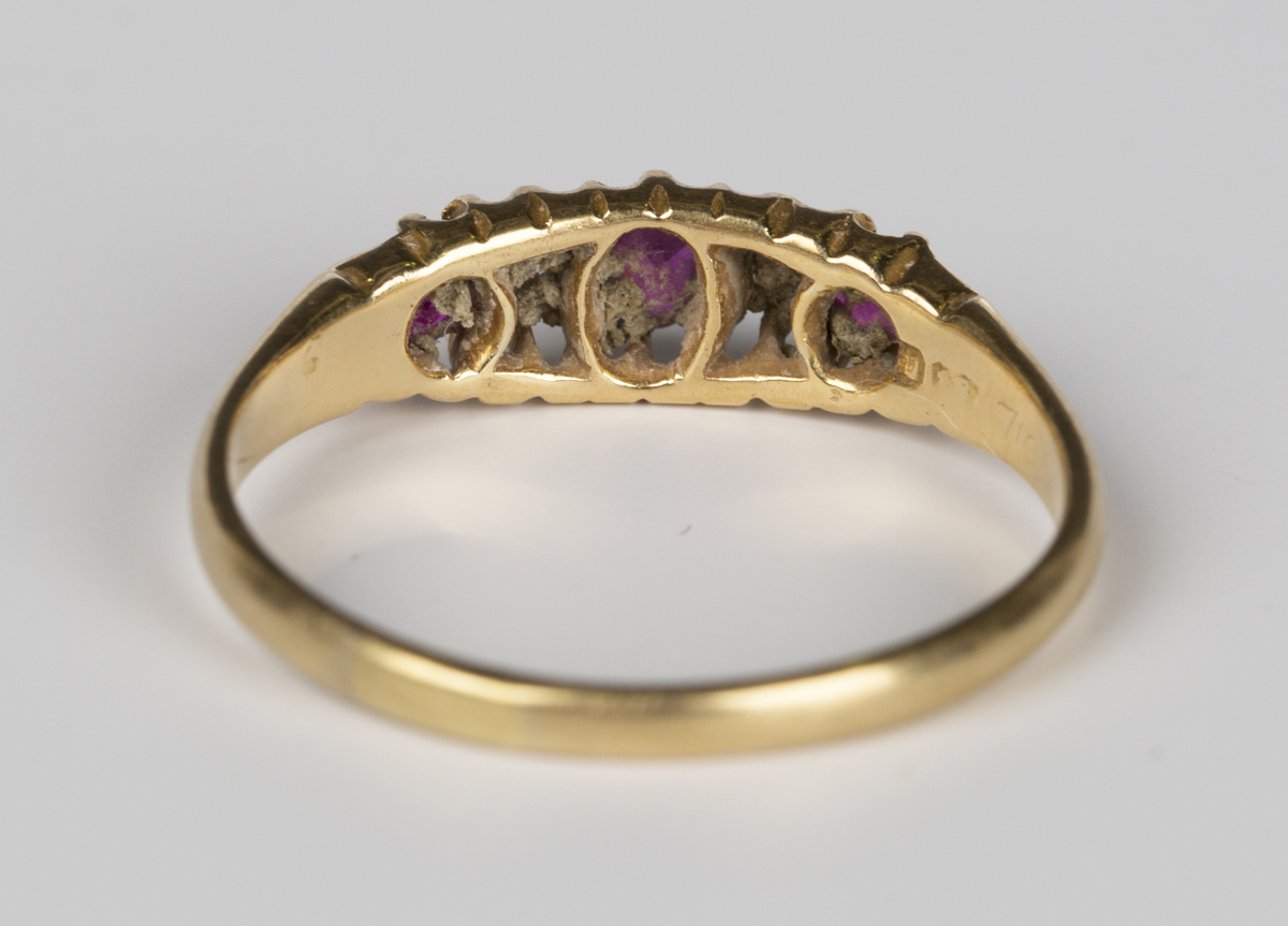 An 18ct gold, ruby, synthetic ruby and diamond five stone ring, weight 2.6g, ring size approx Q. - Image 2 of 3
