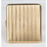 A 9ct gold square cigarette case with engine turned banded decoration, Birmingham 1919, weight 107.