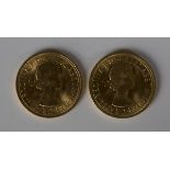 Two Elizabeth II sovereigns, 1958 and 1963.Buyer’s Premium 29.4% (including VAT @ 20%) of the hammer