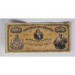 A Brazil estampa 1 five hundred reis black on orange under print banknote 1874, by the American Bank