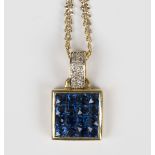 A gold, sapphire and diamond pendant of square form, mounted with sixteen square cut sapphires and a