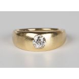 A late Victorian Scottish 18ct gold and diamond single stone ring, gypsy set with a cushion cut