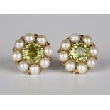 A pair of gold, peridot and cultured pearl cluster earstuds, each claw set with a circular cut