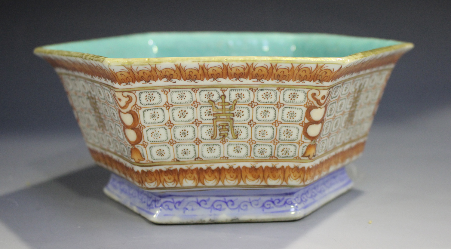 A Chinese porcelain hexagonal bowl, mark of Tongzhi but probably later 19th century, the slightly