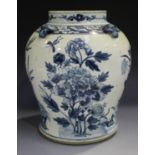 A Chinese blue and white porcelain vase, late Qing dynasty, the baluster body painted with lotus,