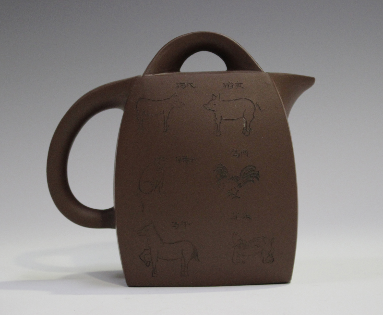 A Chinese Yixing stoneware teapot and cover, late 20th century, of swollen rectangular form, incised - Image 10 of 11