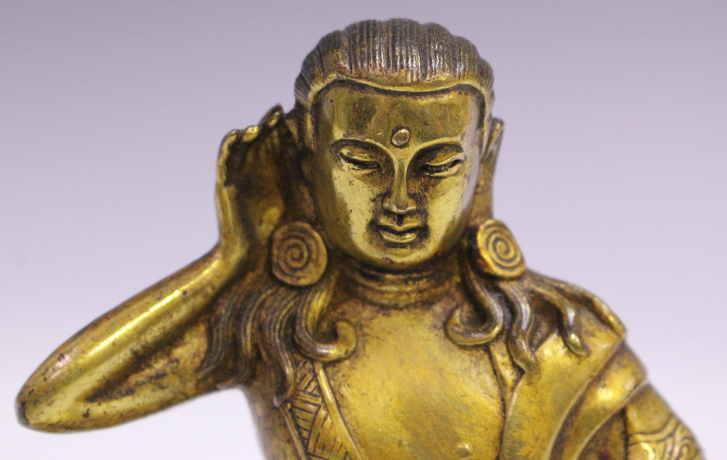 A Sino-Tibetan gilt bronze bodhisattva, probably 20th century, modelled seated on an oval throne, - Image 4 of 8