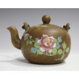 A Chinese enamelled Yixing stoneware teapot and cover, late Qing dynasty, the globular body