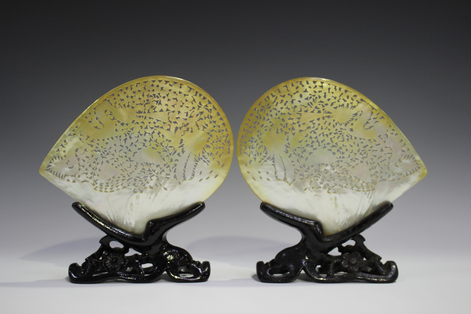 A pair of Chinese carved and pierced mother-of-pearl shells, 20th century, each decorated with a - Image 6 of 6
