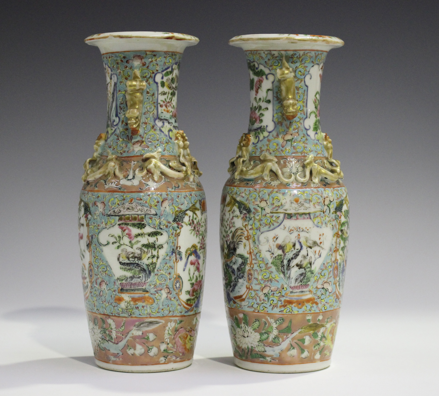 A pair of Chinese famille rose porcelain vases, late 19th century, each shouldered tapering body and - Image 12 of 12