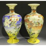 A pair of Japanese Satsuma earthenware vases, Meiji period, each painted with birds, butterflies and