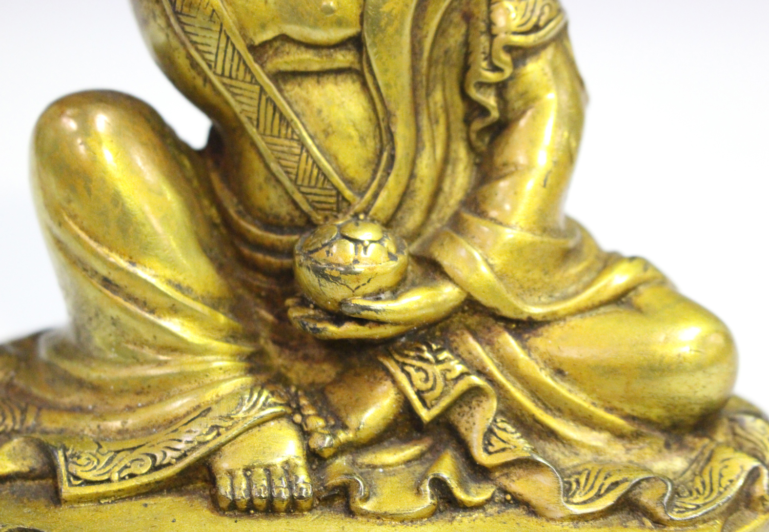 A Sino-Tibetan gilt bronze bodhisattva, probably 20th century, modelled seated on an oval throne, - Image 3 of 8
