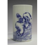 A Chinese blue and white porcelain cylindrical brush pot/vase, mark of Yongzheng but later,