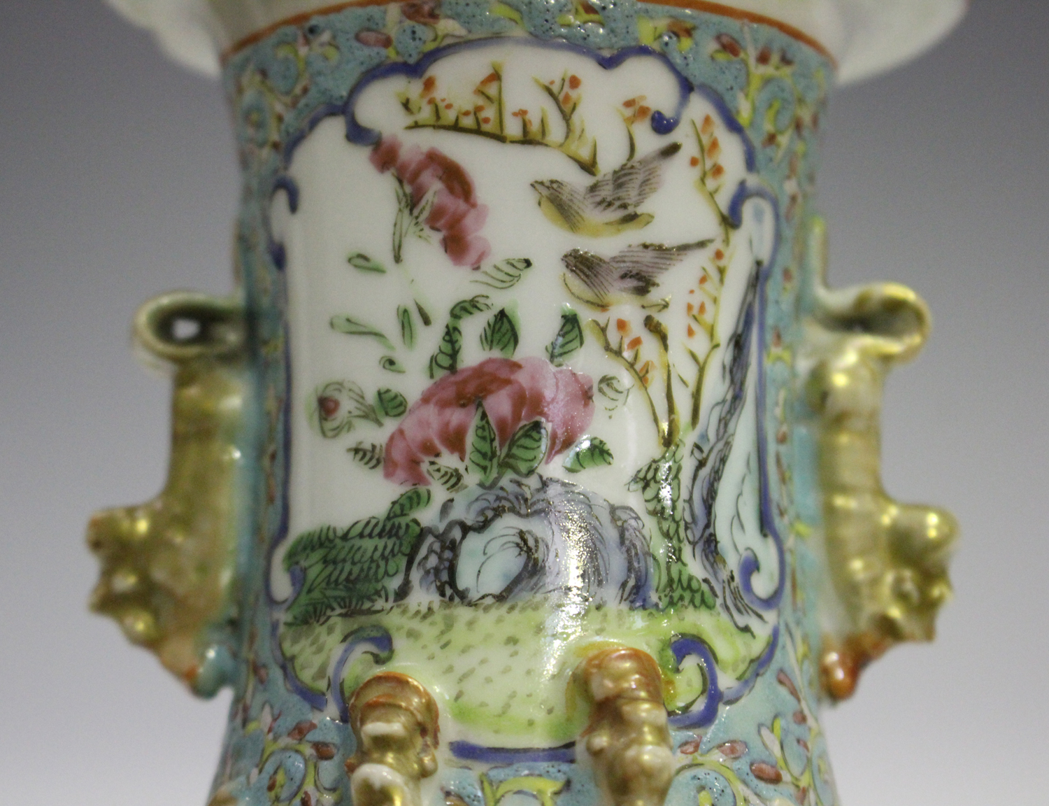 A pair of Chinese famille rose porcelain vases, late 19th century, each shouldered tapering body and - Image 5 of 12