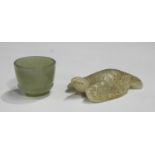 A Chinese pale celadon jade carving, modelled as a bird, length 8cm, together with an Indian