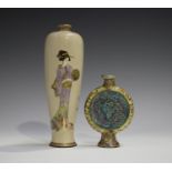 A Japanese Satsuma earthenware vase, Meiji period, of slender tapering form, painted and gilt with a