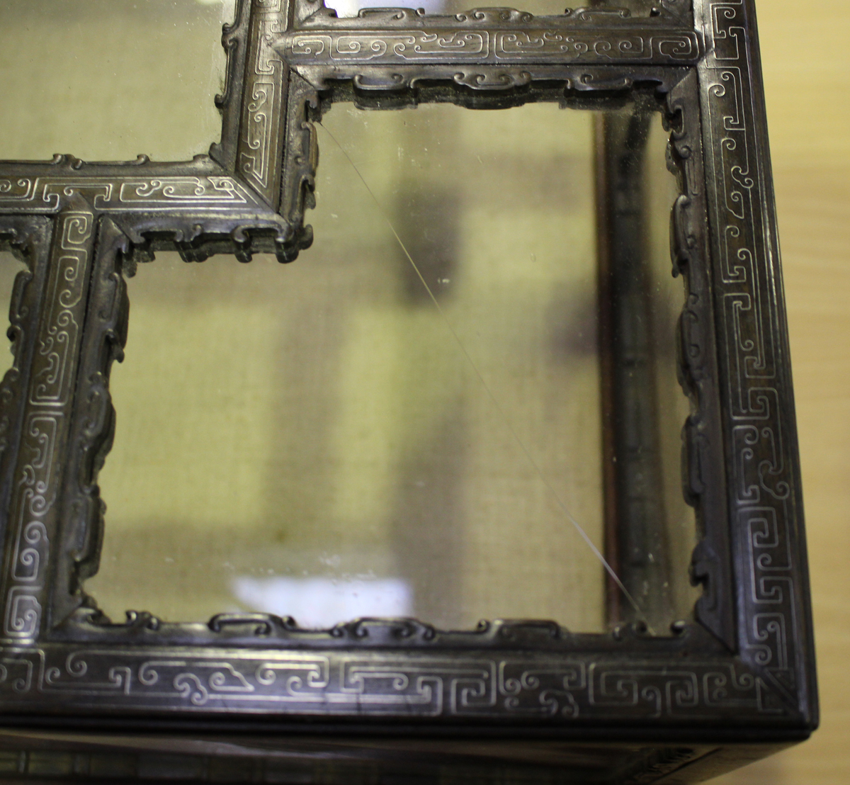 A Chinese silver wire inlaid hardwood and glazed table top display case and stand, late Qing - Image 10 of 10