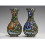 A pair of Chinese plated copper filigree and enamel vases, 20th century, of pierced baluster form,