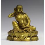 A Sino-Tibetan gilt bronze bodhisattva, probably 20th century, modelled seated on an oval throne,