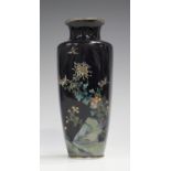 A Japanese silver wire inlaid cloisonné vase, Meiji period, of shouldered square tapering form,