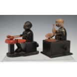 Two Japanese Kobe carved and painted wood automaton toys, early 20th century, one modelled as a