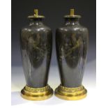 A pair of Japanese mixed metal inlaid brown patinated bronze vases, Meiji period, each shouldered