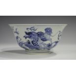 A Chinese blue and white Kangxi style porcelain bowl, mark of Jiajing but modern, the exterior