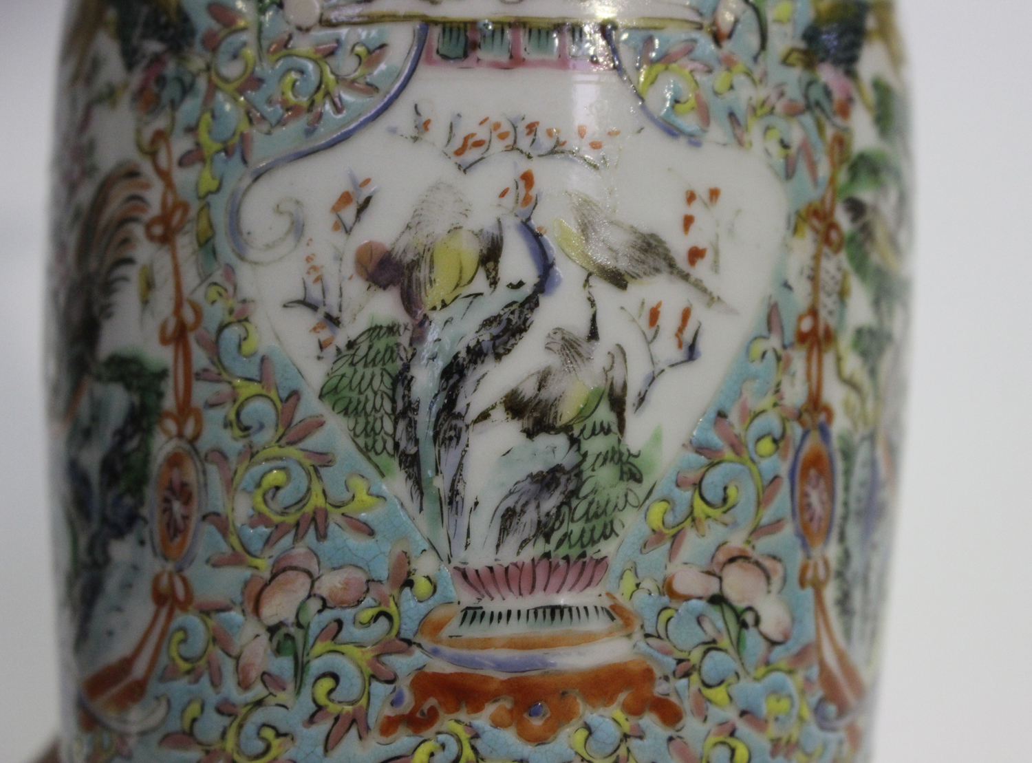 A pair of Chinese famille rose porcelain vases, late 19th century, each shouldered tapering body and - Image 2 of 12