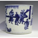 A Chinese blue and white porcelain brush pot, mark of Kangxi but later, the cylindrical body painted