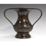 A Japanese brown patinated bronze two-handled vase, Meiji period, of baluster form with flared