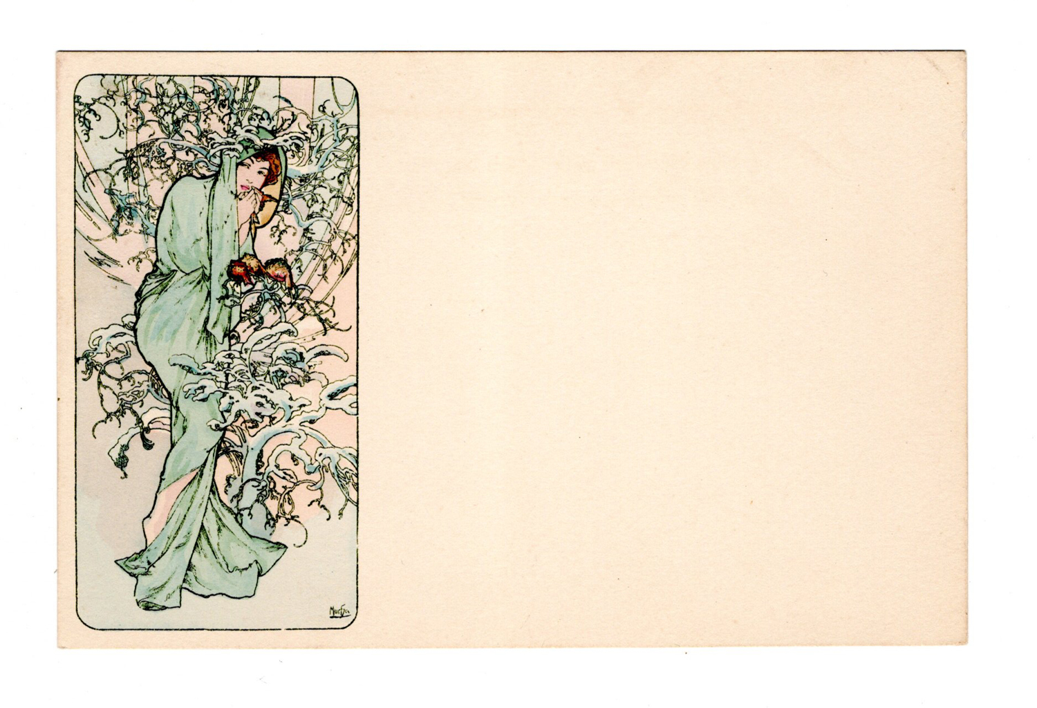 Two Alphonse Mucha Art Nouveau colour lithographed postcards from the 'Four Seasons' series, - Image 2 of 2