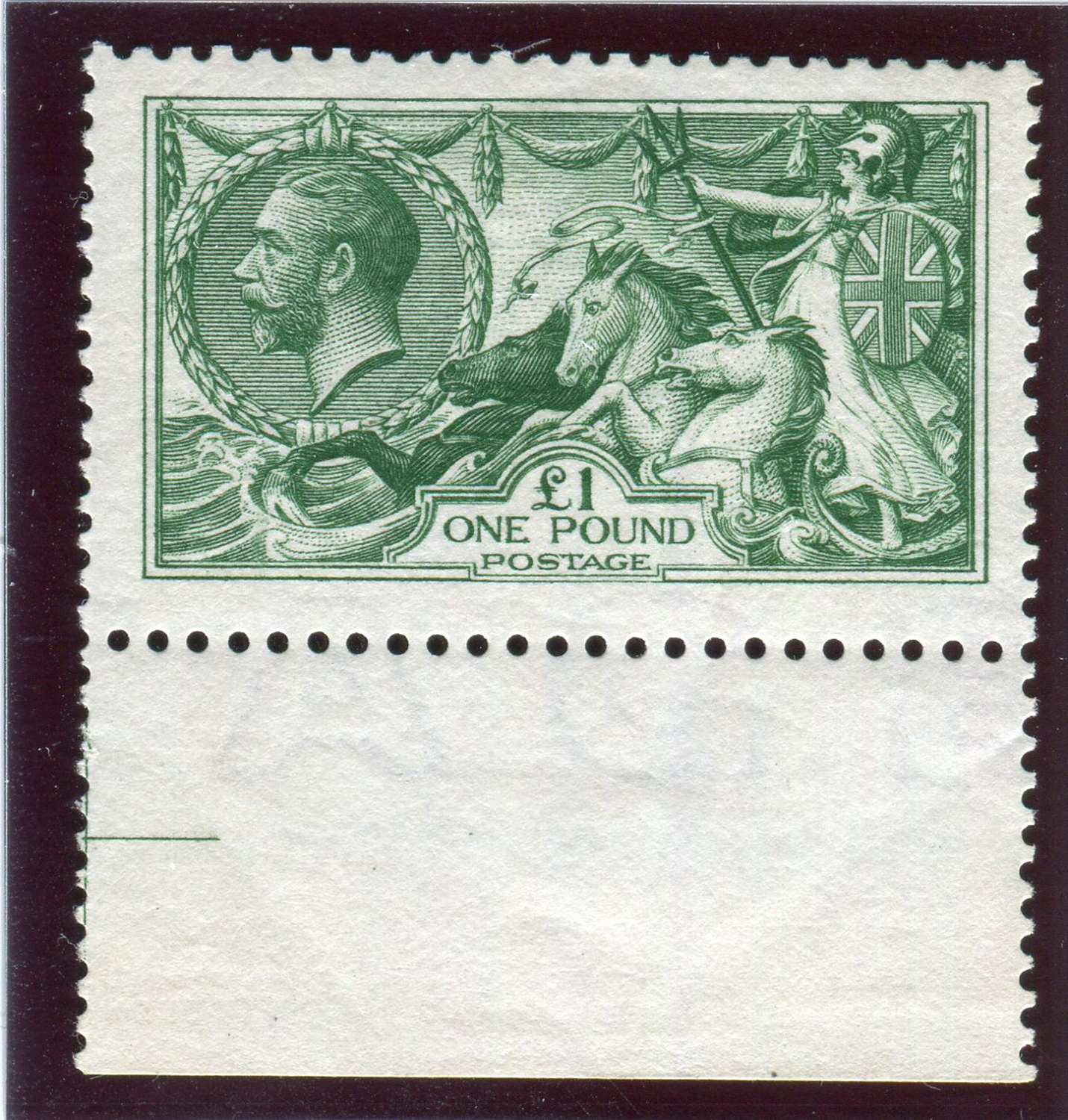 A Great Britain 1913 Seahorse £1 green stamp, fine mint well centred marginal (SG 403).Buyer’s