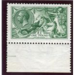 A Great Britain 1913 Seahorse £1 green stamp, fine mint well centred marginal (SG 403).Buyer’s
