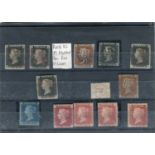 Five Great Britain 1840 1d black stamps on stock card, including plate 10 matched pair 1d red