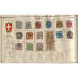 An early stuck down album of world stamps, including Great Britain 1840 1d black used (cut into),