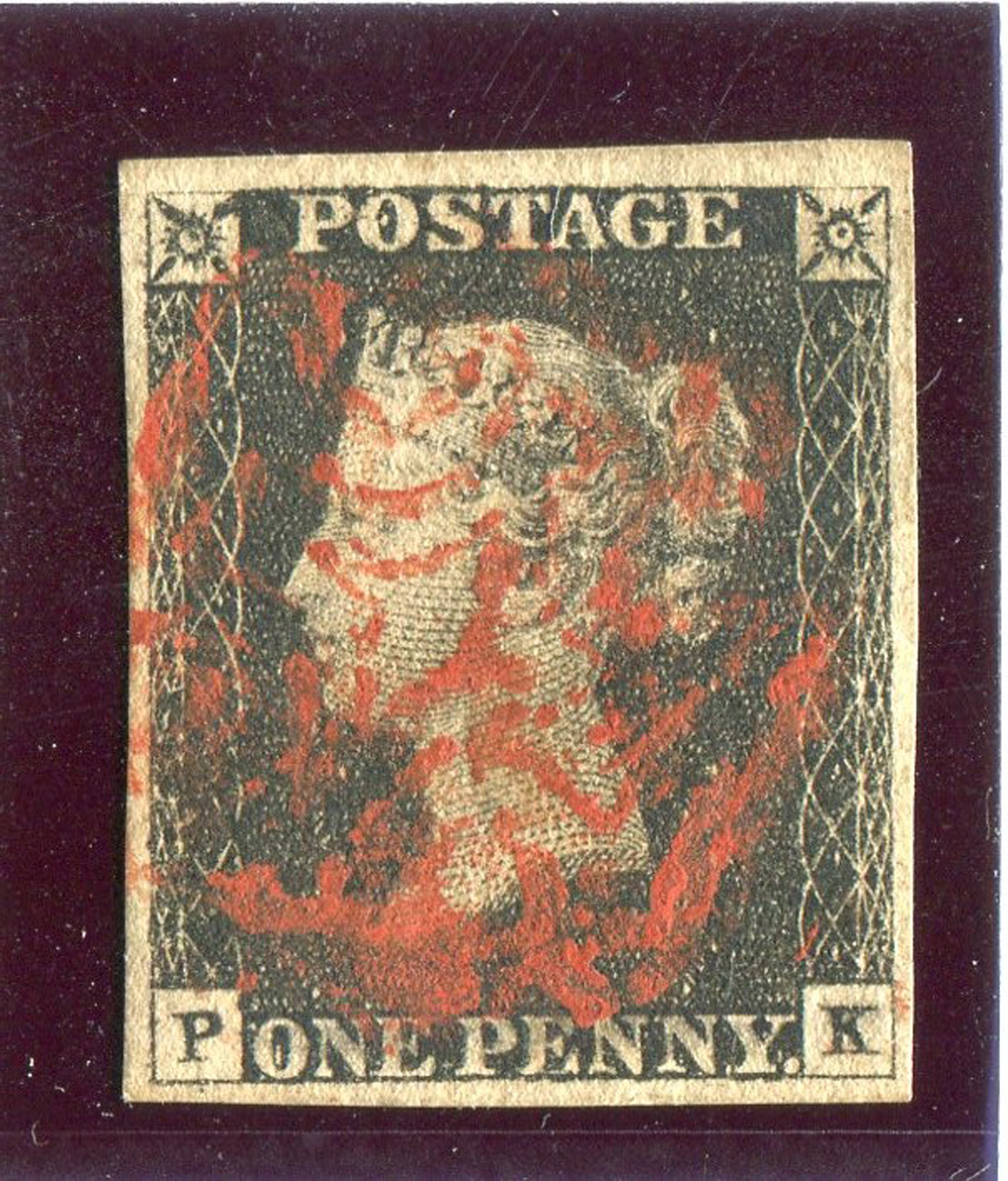 A Great Britain 1840 1d black stamp plate 4 (PK) fine 4 margins, red Maltese cross.Buyer’s Premium