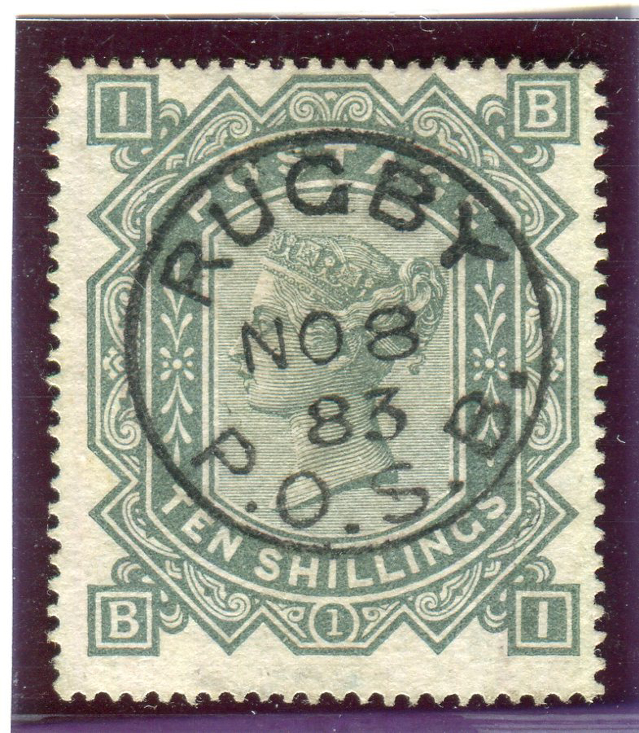 A Great Britain 1878 10 shillings greenish grey stamp, fine used Rugby P.O.S.B. circular datestamp.