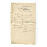 AUTOGRAPHS. A 7 line hand-written letter by George Bernard Shaw on 'Queen's Hotel, Manchester'