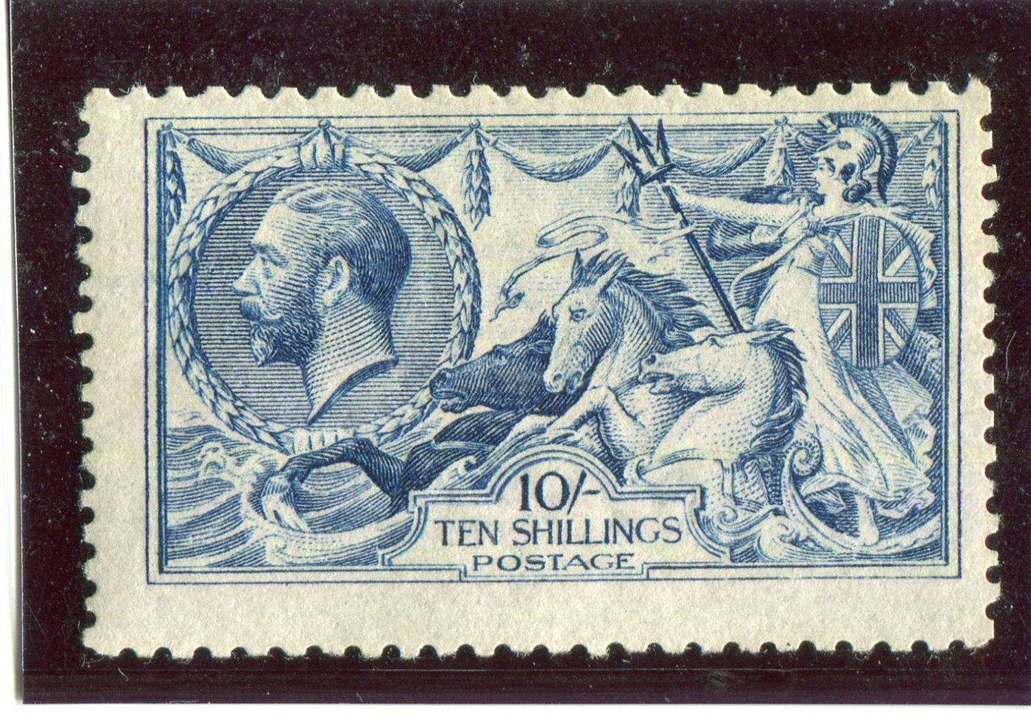 A Great Britain 1915 De la Rue 10 shillings blue Seahorse stamp, fine mint (SG 412).Buyer’s