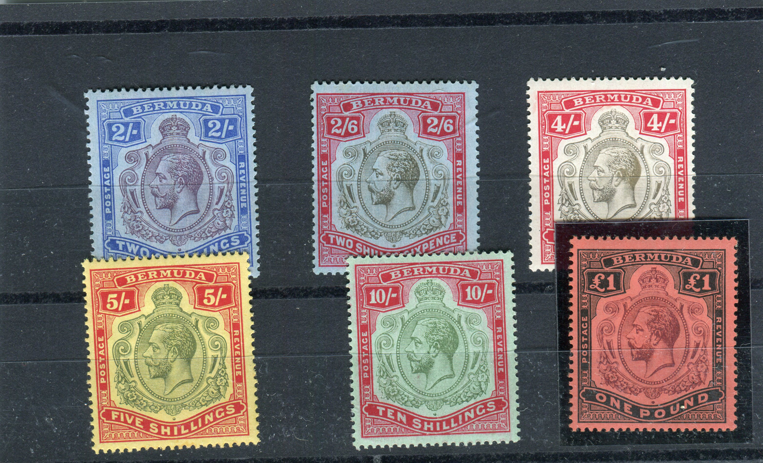 A set of six Bermuda 1918 -22 stamps, high values 2 shillings to £1 , fine mint (SG 51B - 55).