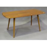 An Ercol elm curved rectangular dining table, height 72cm, length 152cm, depth 77cm.Buyer’s